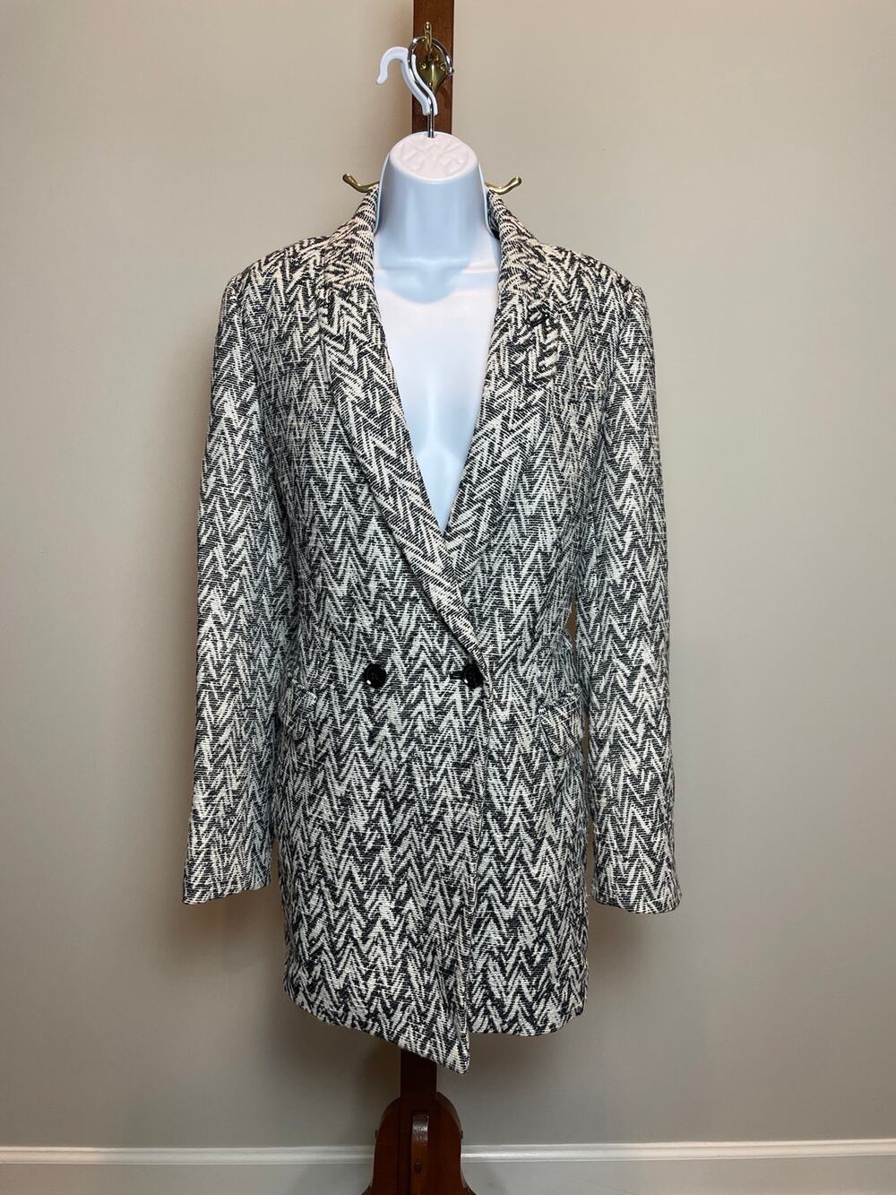 Banana Republic Textured Knit Double Breasted Coat Size M Black White Cotton